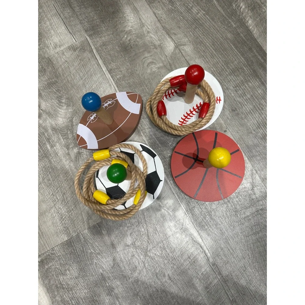 Vintage Wooden Sports RingToss Game Set Baseball Football Basketball Soccer 6pc